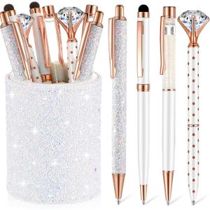 Sabary 8 Pcs Ballpoint Pens with Pen Holder for Desk Glitter Crystal Diamond Fancy Pencil Holder Bling Desk Organizer Cute Stationery Supplies for Women Girls Wedding Office School Gifts(White)