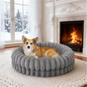 BALANCE Luxury Donut Dog Bed, 30 Inches Round Dog Bed Medium Size Dogs Washable, Orthopedic Calming Dogs Bed for Pets with Anti-Slip Bottom, Gray