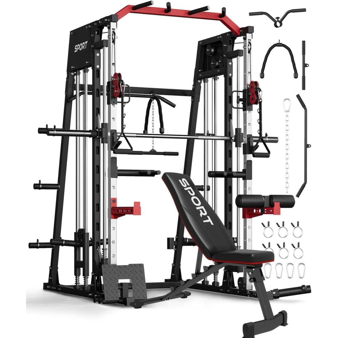Garvee All-in-One Smith Machine Home Gym – Power Rack, Squat Cage, Dual Lat Pulldown, Cable Crossover & Adjustable Bench – Compact Full-Body Strength Trainer, Red & Black