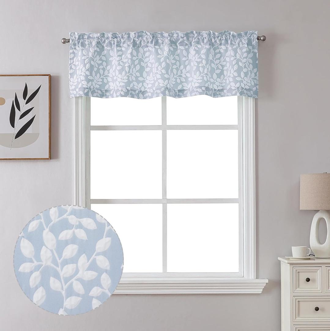 Chyhomenyc Anna White Blue Valances for Windows 14 Inches Long 1 Pieces, Light Filtering Soft 3D Embossed Textured Fabric Curtains for Bedroom Basement Small Windows, 56Wx14L Inches