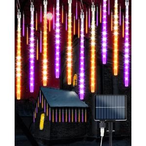 Solar Halloween Lights 20 Tubes 480 LED Meteor Shower Icicle Raindrop Lights with Timer Function Falling Rain Light for Holiday Party Halloween Decorations (Orange and Purple)