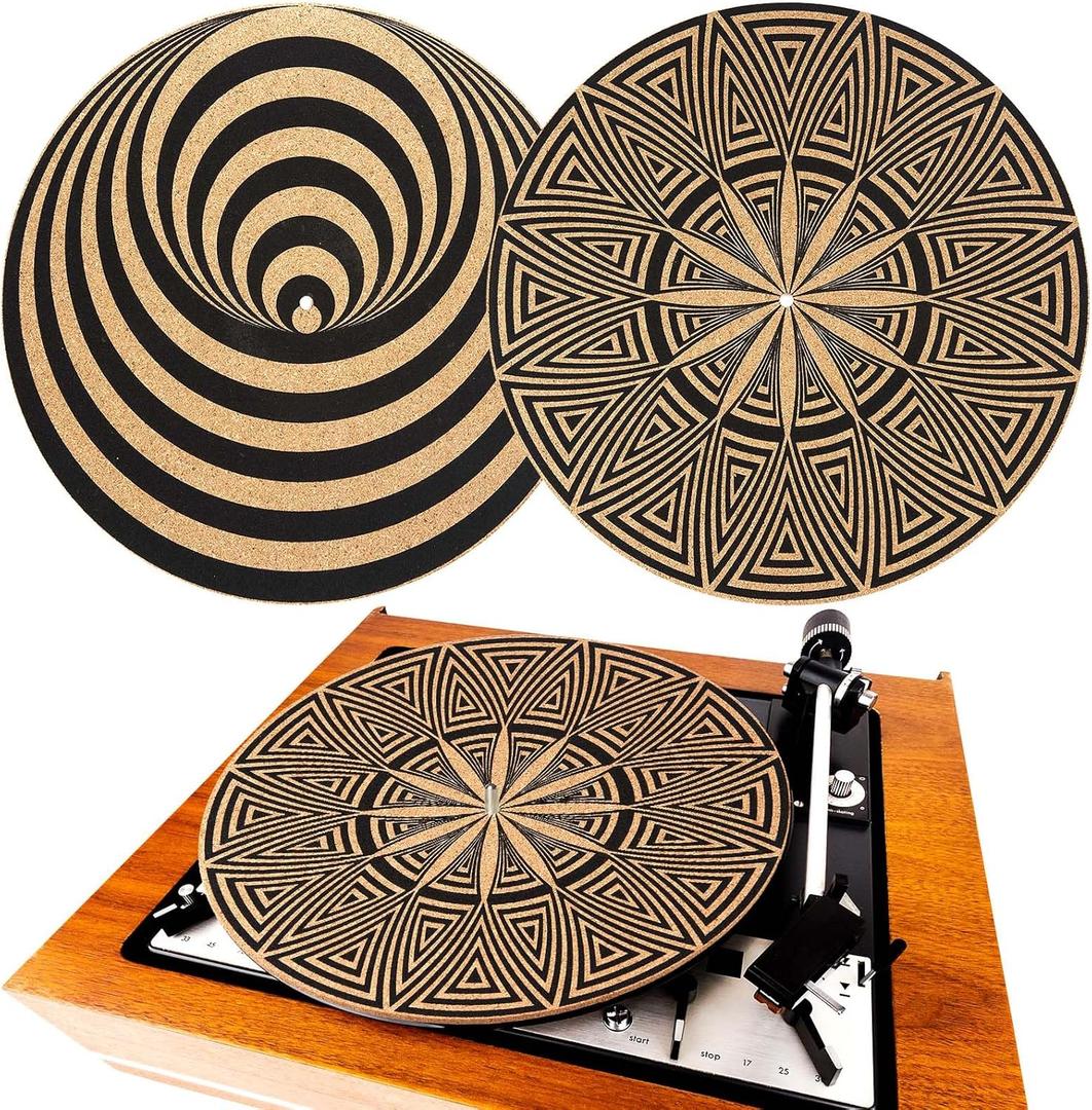 2 Pcs Cork Turntable Mat/3mm Thick for Better Sound Support on 11.8 Inches Vinyl LP Record Player Turntable Slipmat Psychedelic Geometric for Vinyl Record(Mix Pattern)