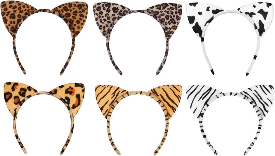Lurrose 6pcs Plush Cheetah Leopard Grain Cat Ear Hairbands - Cosplay Hair Hoops and Headbands for Halloween, Festivals, Holidays
