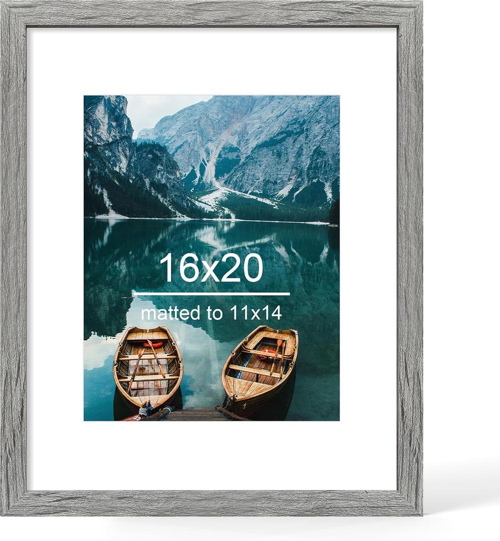 Hongkee 16x20 Frame, Rustic Grey Wood Style - Display Posters 11 x 14 with Mat or 16x20 without Mat, Wall Mounting Horizontal and Vertical, 1 Pack