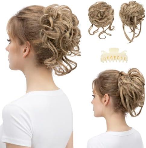 SARLA 2PCS Messy Bun Hair Pieces for Women Detachable Claw Clip Wavy Curly Synthetic Hairpieces for Updos with Tendrils Fake Scrunchies Ponytail Extension Sand