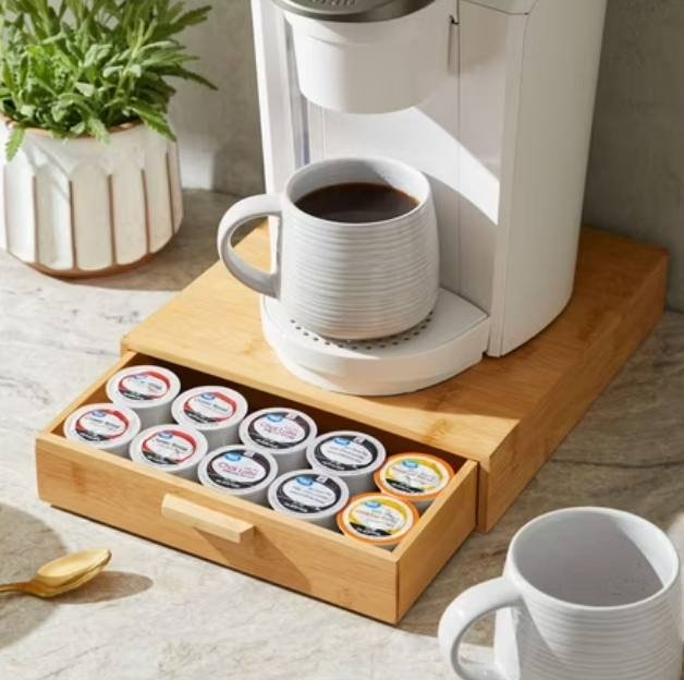 Core Bamboo Coffee Capsule Storage - Coffee Pods and Tea Holder Tray - Space-Saving Under Coffee Maker Coffee Machine Pod Organizer - Coffee Pod Drawer with Separators, Holds up to 30 pods with 5 Compartments