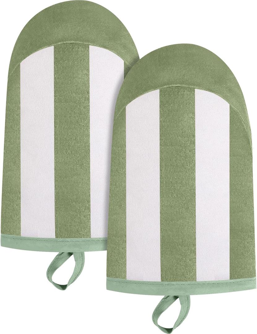 Reallnaive 2 Pcs Mini Oven Mitts Heat Resistant for Kitchen Set, Small Short Oven Mitten Gloves First Day of School Back to School 5.75"x9" Cotton Terry Outdoor Indoor Dining Baking Cooking BBQ(Green)