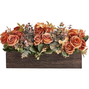 Dahey Centerpiece Table Decorations for Dining Room Farmhouse Living Room Fall Table Centerpieces Decor Wood Tray with 3 Artificial Flowers and 2 Eucalyptus for Kitchen Table, Orange