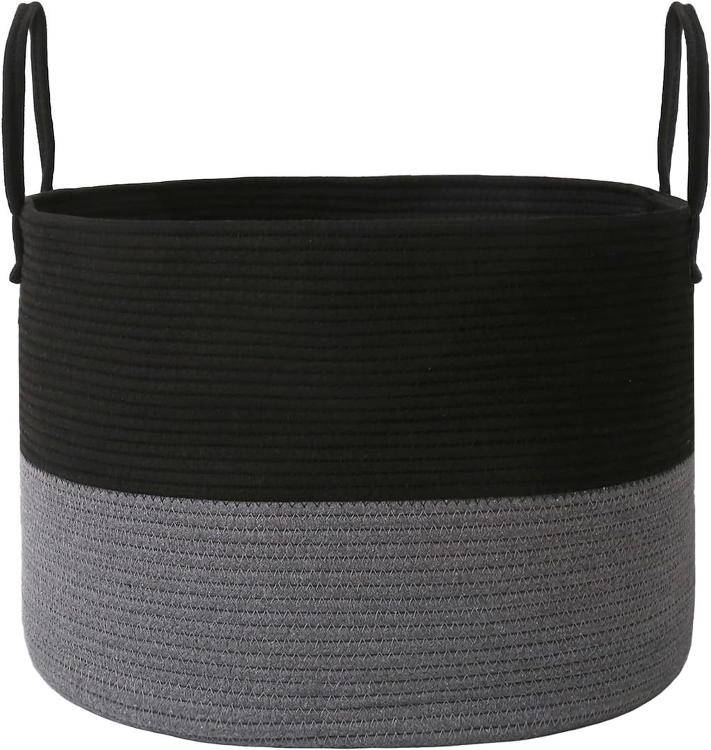 65L Extra Large Blanket Basket for Living Room - Woven Cotton Rope Laundry Hamper with Reinforced Handles - Storage Bin for Pillows, Comforters & Toys - Machine Washable,Black&Grey