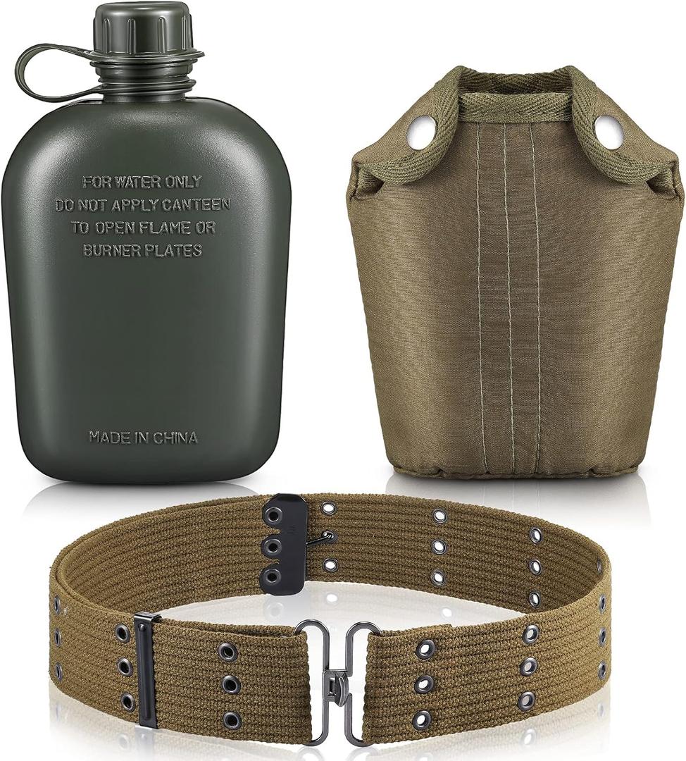 Honeydak 1 Quart Plastic Canteen Military Canteen Portable Military Water Bottle with Bottle Pouch Cotton Cover Bag and Waist Belt for Backpacking Hiking Camping Climbing Outdoor Activities