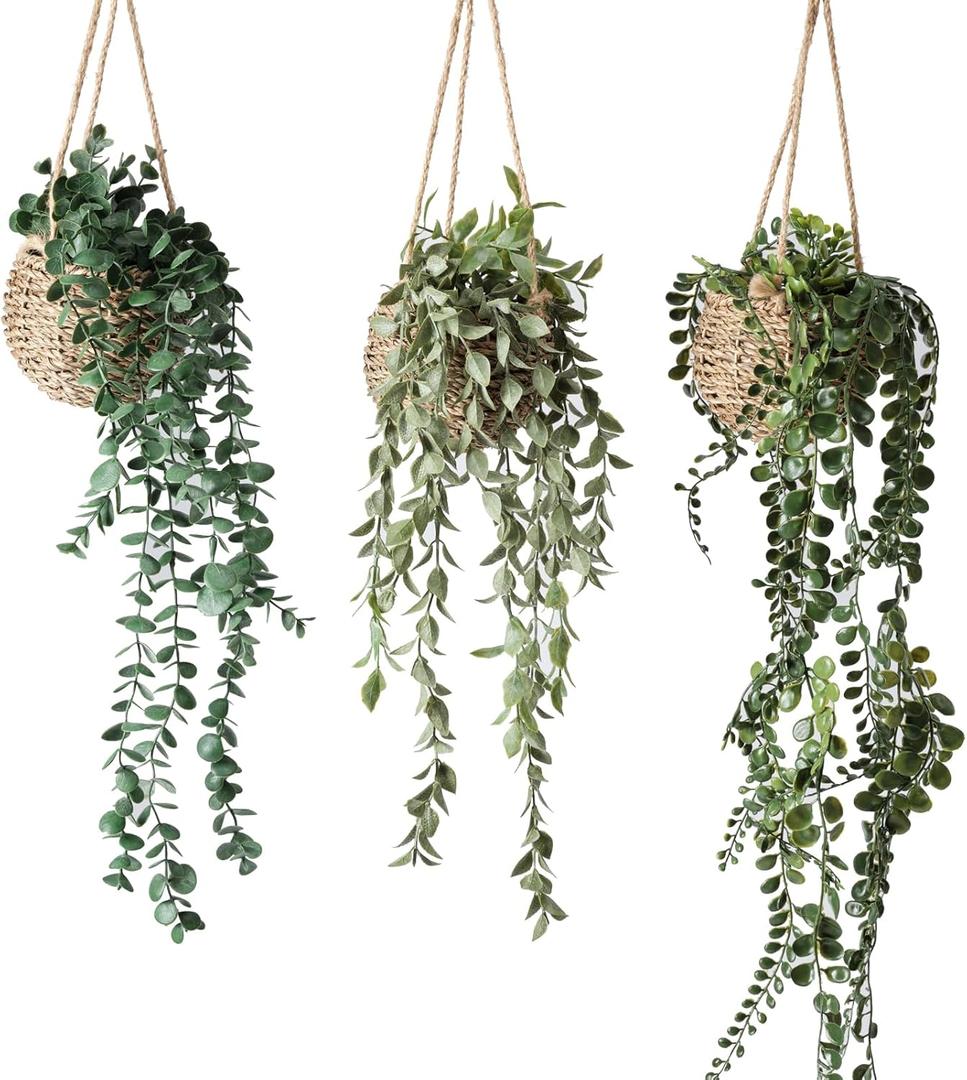3 Pack Mini Artificial Hanging Greenary Fake Hanging Plants in Basket for Wall Living Room Decor Bathroom Shelf Home Indoor
