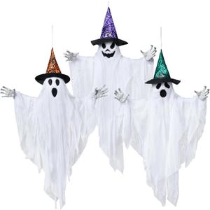 JOYIN 3 Pack 24.8" Halloween Hanging Ghost Decorations, Halloween White Flying Ghost with Hats for Haunted House Graveyard Scene, Spooky Indoor and Outdoor Decor