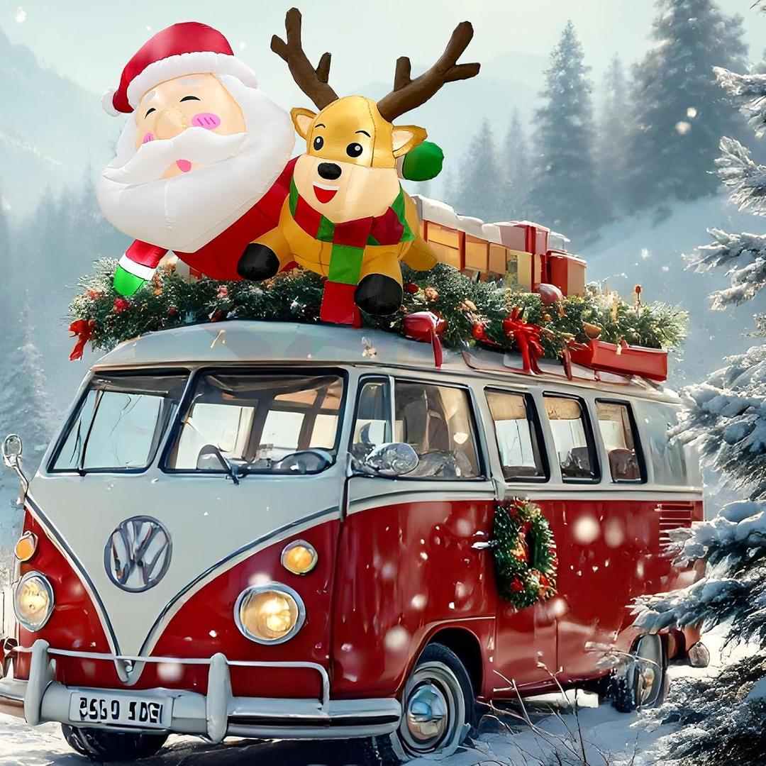 6FT Christmas Inflatable Outdoor Decoration, Funny Santa Reindeer Car Decor With LED, Blow Ups for Car Roof Xmas Decoration