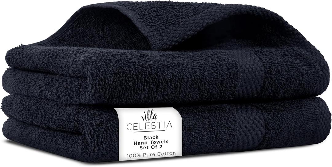 100% Cotton Hand Towel Set of 2, (16 x 28 inches) Sustainable, Soft, Highly Absorbent, Quick Drying, Combed Cotton Hand Towels Pack of 2 Ideal for Hotels, Spa, Bathroom, Dorm, Black, Hand Towel - Pack of 02