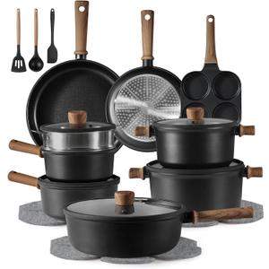 CAROTE 24Pcs Nonstick Kitchen Titanium Cookware Sets, Non stick Pots and Pans set, Induction Cookware Set Black