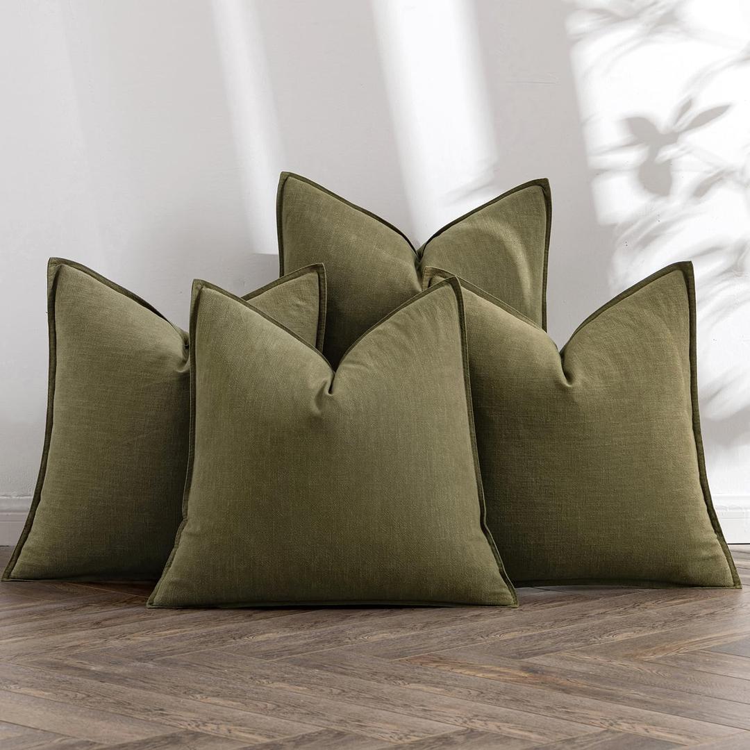 MIULEE Olive Green Linen Pillow Covers Pack of 4 Decorative Natural Solid Throw Pillow Covers Soft Accent Boho Farmhouse Couch Pillowcases Modern Home Decors for Living Room Bed Sofa 24x24 Inch