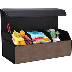 Car Trunk Organizer with Lid, Folding Car Organizers for Trunk for SUV, Trunk Waterproof Organizer Leather Home Storage Box with Magnetic Lock (Brown) (Extra-Large)