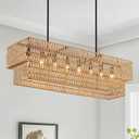 39.4 Hand Woven Rattan 8-Light Chandeliers for Dining Room, 2 Layer Boho Linear Chandelier Rectangle Rustic Pendant Light Fixture for Kitchen Island Bar Living Room