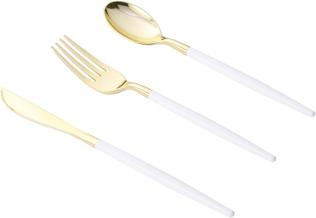 Goodluck 150 PCS White Gold Plastic Silverware Set for 50 Guests,50 Knives, 50 Forks and 50 Spoons, Food-grade material free of BPA, Gold Plastic Cutlery Ideal for Weddings, Birthdays, Graduation
