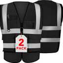 XPCARE 2-Pack Reflective Safety Vests with Pockets,Hi Viz Zipper Front Safety Vest,High Visibility Reflective Strips Working Vest-Black(XX-Large)