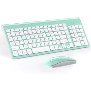 Wireless Keyboard and Mouse Ultra Slim Combo, TopMate 2.4G Silent Compact USB 2400DPI Mouse and Scissor Switch Keyboard Set with Cover, 2 AA and 2 AAA Batteries, for PC/Laptop/Windows/Mac - Mint Green