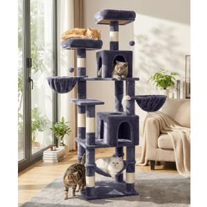 AMHANCIBLE Cat Tree, 70 Inch Cat Tower for Indoor Cats, Multi-Level Cat Tree with Scratching Post, Hammock, Hanging Basket, Large Cat Condos for Adult Cats Kittens, Dark Grey, PT18DG