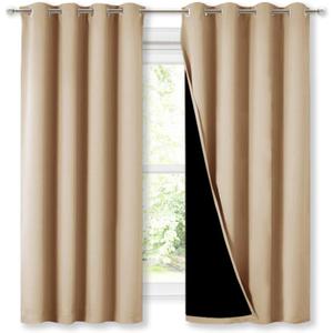 NICETOWN Bedroom Full Blackout Curtain Panels, Super Thick Insulated Window Covers, Complete Blackout Draperies with Black Liner for Short Window(Biscotti Beige, Set of 2 PCs, 52 by 63-inch)