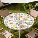 Yesad Round Outdoor Tablecloth with Umbrella Hole, Zippered Fitted Tablecloth with Elastic Edge, Waterproof Table Cloth Cover for Picnic Party Fits 53"-60" Round Table, Colorful Wildflower