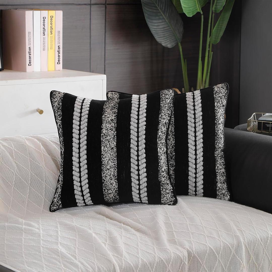 Boho Pillow Covers Set of 2 for Couch -Modern farmhouse Sofa Decorative Throw Pillow Covers Textured Chenille Cushion Covers Outdoor Neutral Pillow Cases. (Black, 18x18)