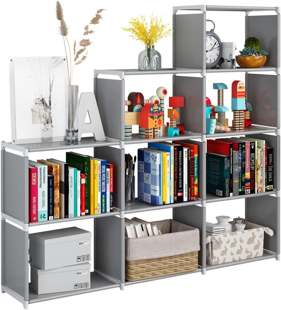 JIUYOTREE Portable Bookshelf, 9 Cube Closet Storage Organizer Bookcase,Clothes Storage for Living Room,Study Room,Bedroom, Grey