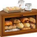 WOWLIVE Corner Bread Box for Kitchen Countertop, Large Bamboo Bread Storage Container for Homemade Bread, Farmhouse Bread Holder with Window, Multi-functional Container, Caramel