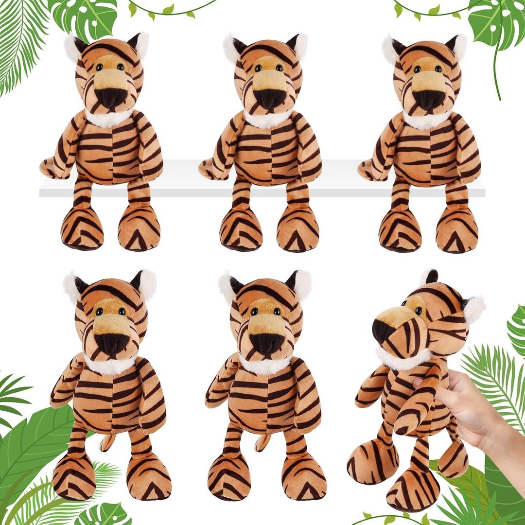 6 Pcs Safari Stuffed Animals Bulk Lion Elephant Monkey Tiger Toy Plush Zoo Animals Junble for Boy Girl Gift Animal Themed Parties Baby Shower Favor(Tiger)
