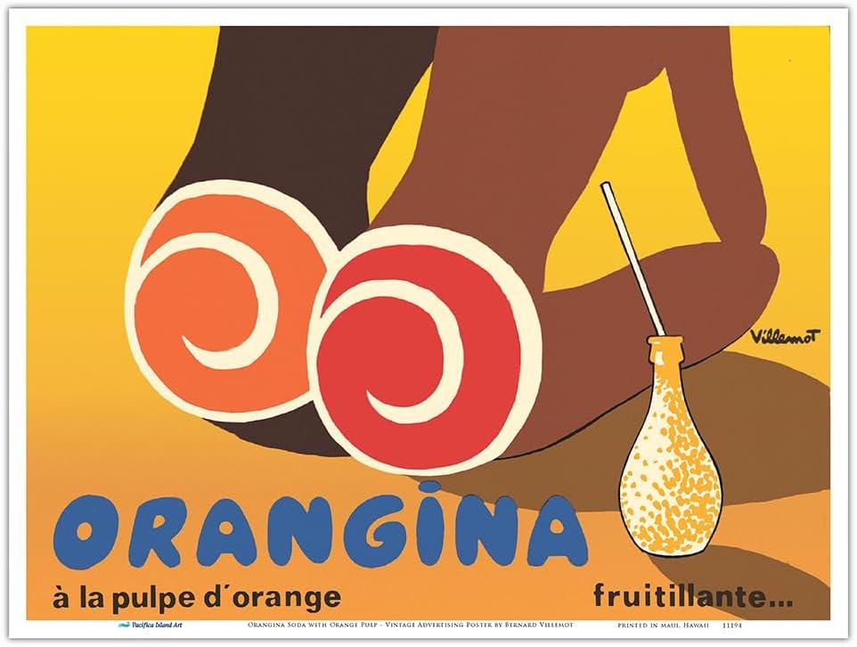 Orangina Soda with Orange Pulp ( La Pulpe dOrange) - Fruitilliante - Vintage Advertising Poster by Bernard Villemot c.1972 - Master Art Print (Unframed) 9in x 12in (12L" x 9W")