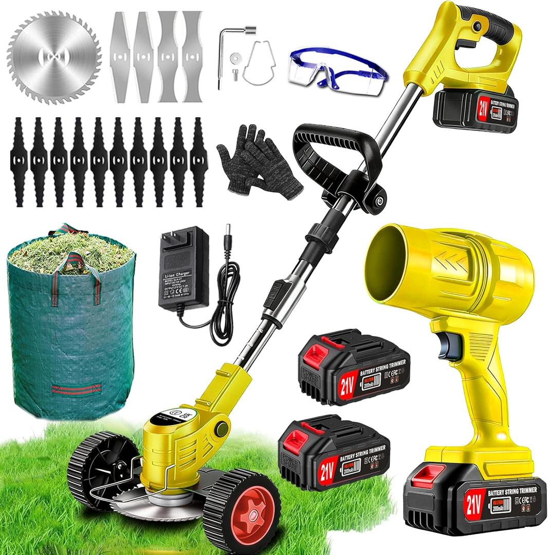 Electric Weed Wacker Cordless Eater Battery Powered 21V Lightweight 3-in-1 Grass Trimmer/Lawn Edger/Brush Cutter with 2 Battery Operated Leaf Blower Weed Storage Bag, Weed Trimmer for Garden&Yard