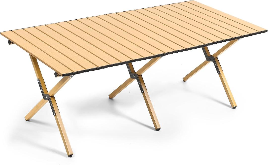 2026 Upgraded Low Roll-Up Travel Table for Beach, Camping & Picnic – Aluminum Frame, Wood-Look Slat Top, 18 in High, Folds into Carry Bag, 47 x 23 x 18 inches