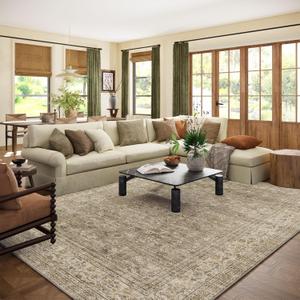 Machine Washable Rugs for Living Room: 10x14 Area Rugs for Bedroom Vintage Stain Resistant Non Slip Low Pile Lightweight Boho Carpet for Kitchen Dining Room Farmhouse Kids Room Nursery (Brown and Grey)