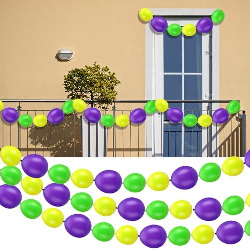 PullCrease 120 Pcs Mardi Gras Link Balloons Float Decor Bead Garland, 12 Inch and 6 Inch Latex Link Balloon Purple Yellow Green Linking Linkable for Mardi Gras Party Decoration Supplies. Pack of 3