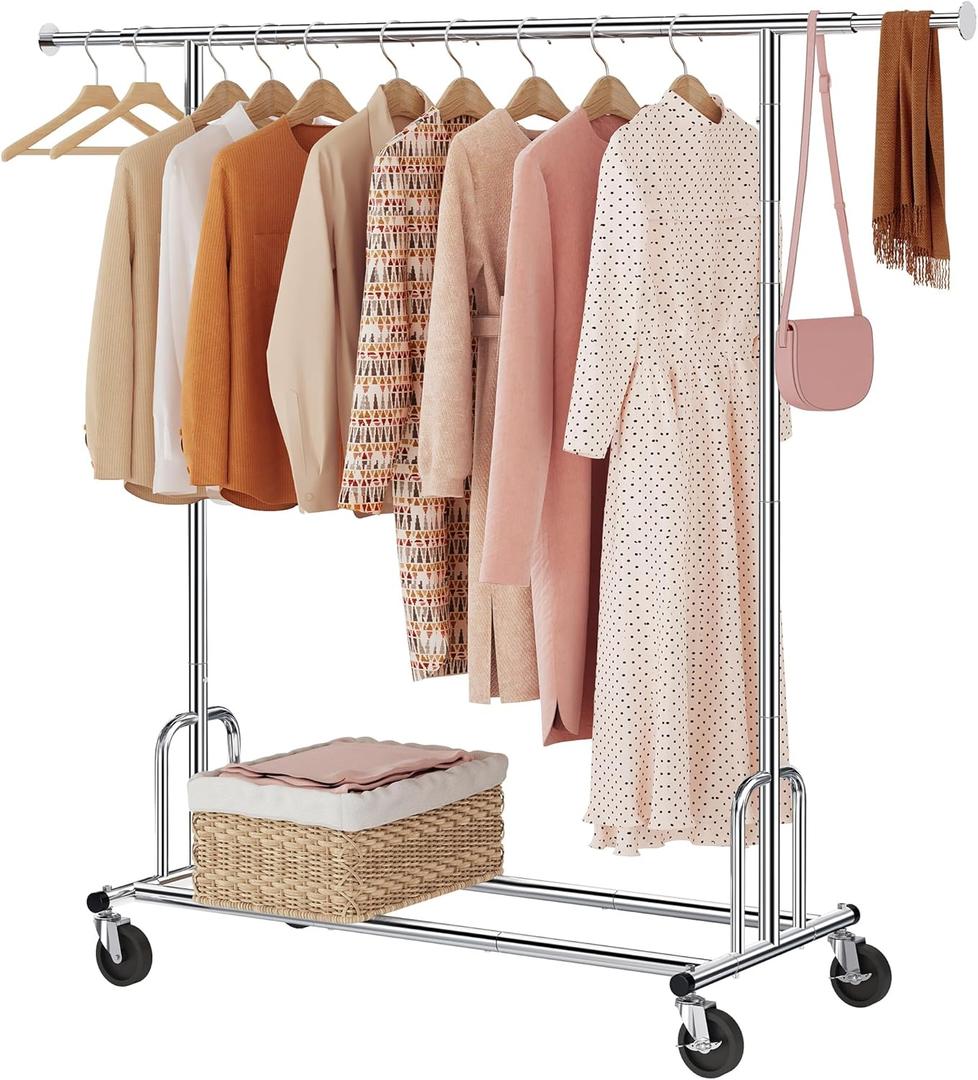 Tajsoon Heavy Duty Clothes Rack Foldable Garment Rack with Wheels and Extendable Rod, Freestanding Clothing Rack for Hanging Clothes, Adjustable  Collapsible Rolling Racks with Bottom Shelf, Chrome