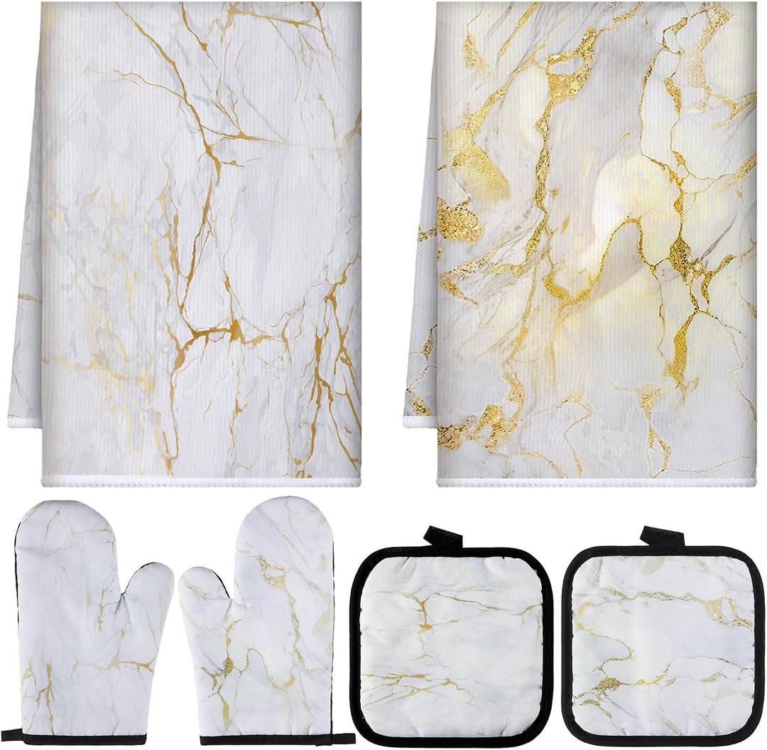 Sratte 6 Pcs Farmhouse Marble Kitchen Towels Pot Holders Oven Mitts Set 2 Dish Towels 2 Potholders 2 Cooking Mittens Oven Glove for Cooking Baking Grilling Supply (White, Gold)