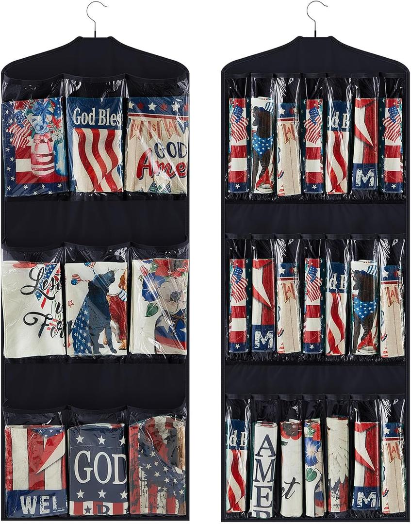 Garden Flag Storage Organizer Double Sided Hanging over Door Storage with 30 Pockets American Flag and Banners Gift Wrap Organizer for Closet Door Porch, Black