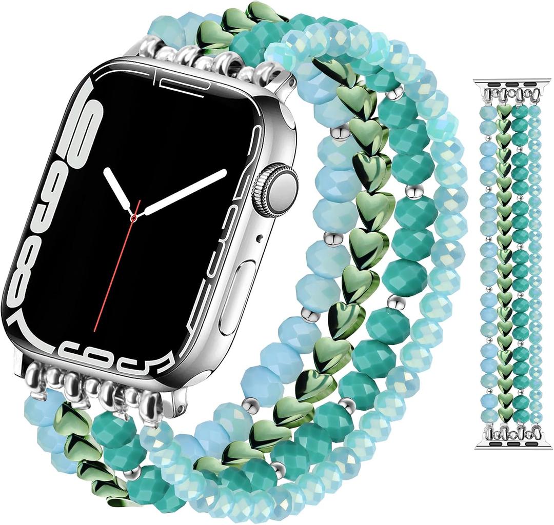 JR.DM Beaded Bracelet Bands for women Compatible with Apple Watch 40mm 38mm 41mm 44mm 42mm(S10/11) Fashion Cute Dressy Stretchy Handmade Strap for iWatch Series 11/10/9/8/7/6/5/4/SE 3/2/1(Green)
