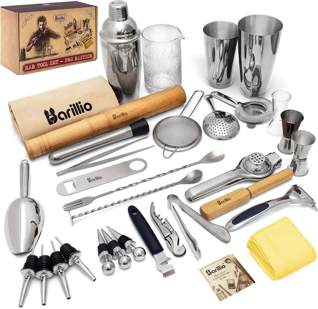 Barillio Bar Tool Set Pro Edition - Stainless-Steel Cocktail Shaker Set - Mixology Bartender Kit w/Boston Shaker, Drink Mixer & Muddler For Cocktails - Home Bar Accessories - 32-Pc Bar Kit (Silver)