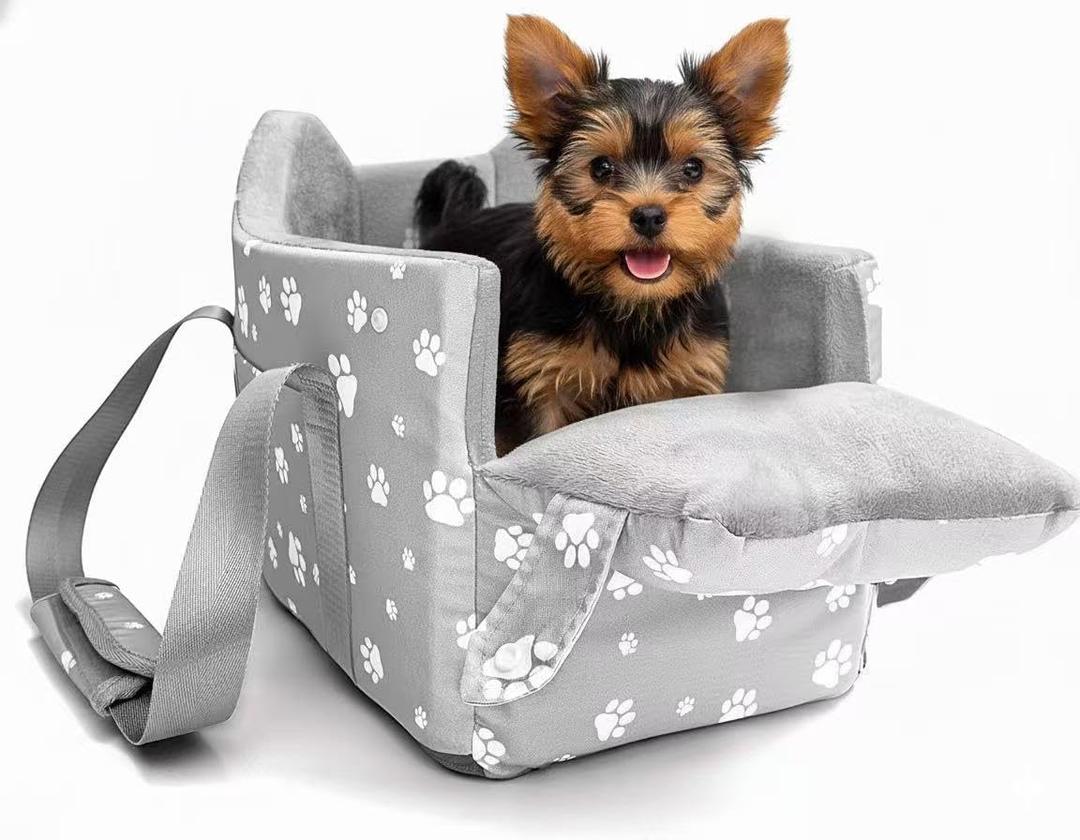 Cullaby Center Console Dog Car Booster Seat for Small Dogs 0-15 lbs - Grey Pet Travel Carrier Safety Leash, Detachable Seat Belt & Storage Pockets