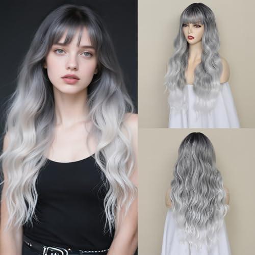 Long Grey Wavy Wig With Bangs for Women 26 Inch Ombre Gray Curly Wavy Wig With Bangs Natural Looking Synthetic Heat Resistant Fiber Wig for Daily Party Use