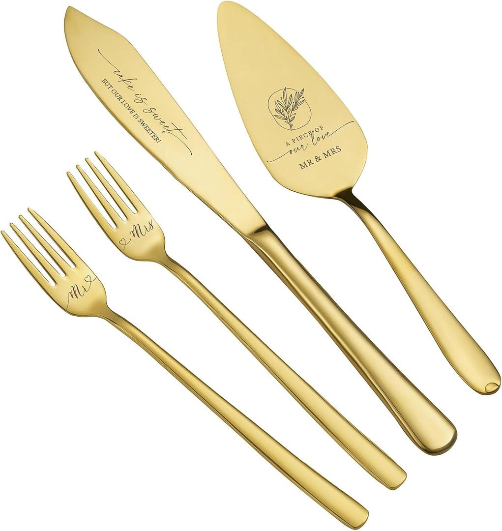 AW BRIDAL 4Pcs Wedding Cake Cutting Set with Forks, Stainless Steel Engraved Wedding Cake Knife Pie Server Gifts for Bridal Shower Engagement, Gold