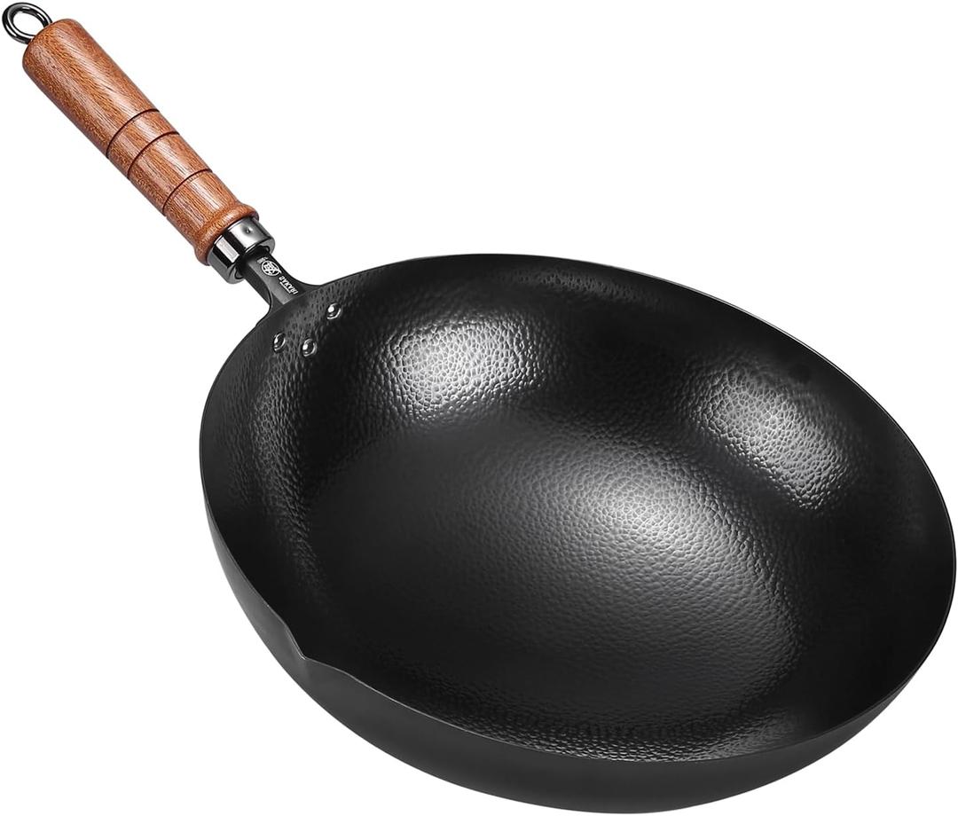 MITSUMOTO SAKARI 12.6-Inch Hand-Hammered Wrought Iron Wok, Round Bottom