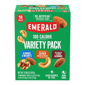 Emerald Nuts Mixed Nuts Variety Pack 18ct (1-Pack) , 100-Calorie Individual Packs , Features Dry Roasted Almonds, Natural Almonds & Walnuts, and Roasted & Salted Cashews (EXP 06/11/27)