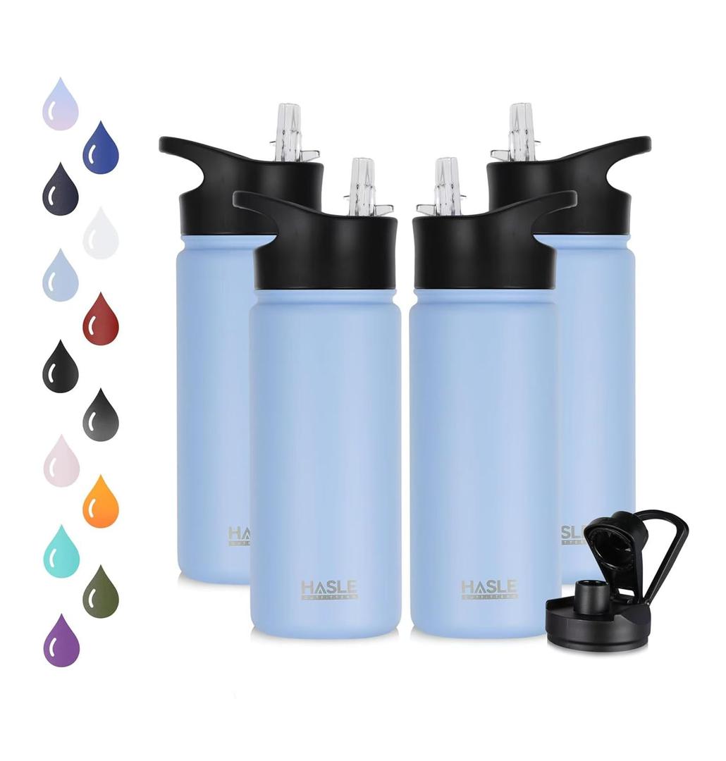HASLE OUTFITTERS Insulated Water Bottle 16 oz Double Wall Vacuum Stainless Steel Water Bottle Leak Proof for School Wide Mouth with Straw Lid & Spout Lid Keeps Cold and Hot(Blue,4pack)