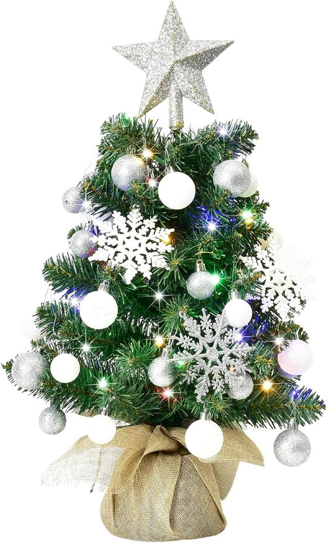 HOYECHI 24" Mini Christmas Tree - Small Tabletop Artificial Xmas Tree with Lights, Star Treetop, Ornaments Balls, DIY Christmas Decorations - Green & White