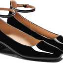 Coutgo Womens Chunky Low Heels Closed Square Toe Ankle Strap Pumps Wedding Prom Dress Shoes (7.5, Black)